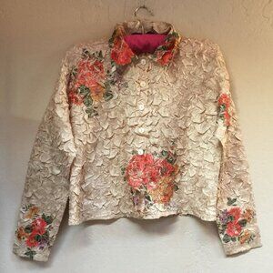 Flair Women's Button Front Tan Floral Print Crinkle Crop Shirt Jacket Size Large